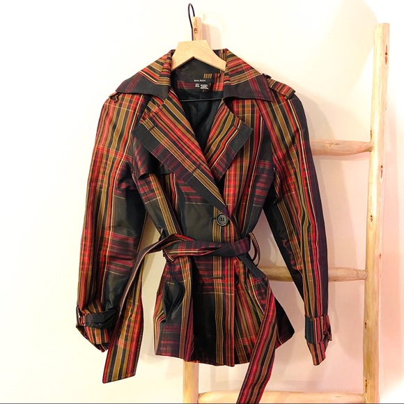 M Zara Plaid Red Black Wrap Coat Jacket Collar